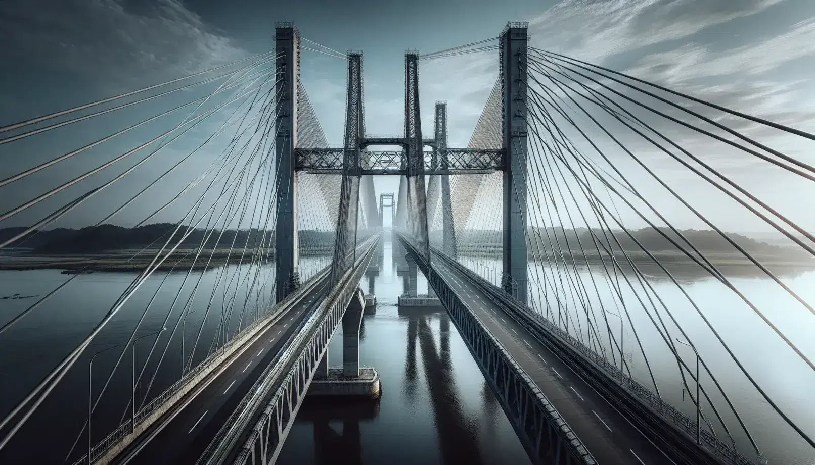 Ponte sospeso in acciaio che attraversa un fiume tranquillo, con cavi di sostegno e torri slanciate su cielo sereno con riflessi sull'acqua.