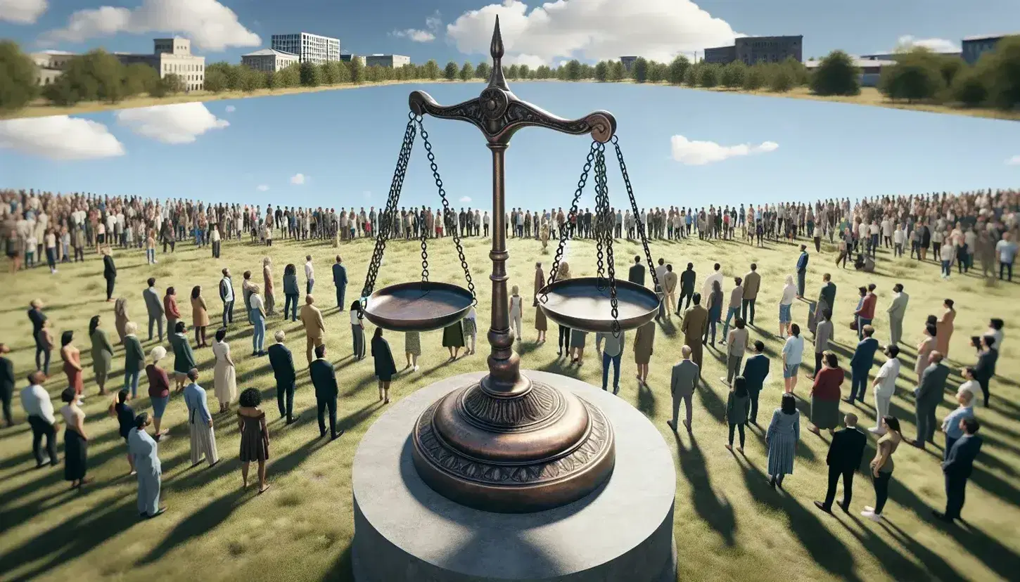 Grupo diverso de personas en semicírculo alrededor de una balanza de justicia de bronce sobre pedestal de piedra, bajo cielo azul claro.
