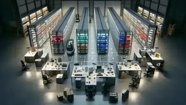 Vista aérea de almacén moderno con estanterías metálicas llenas de cajas de colores, pasillos para vehículos de manejo de material y estación de trabajo iluminada.