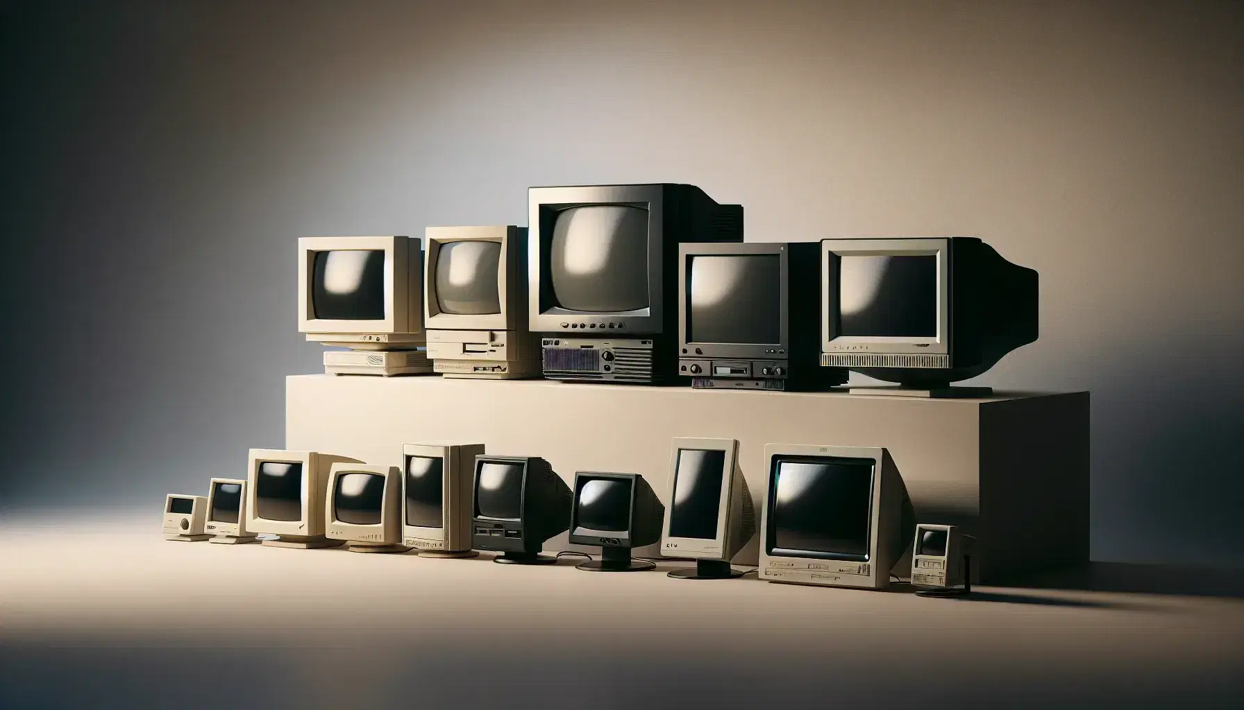Colección de monitores de computadora mostrando la evolución tecnológica, desde un CRT beige antiguo hasta un LED moderno y delgado.
