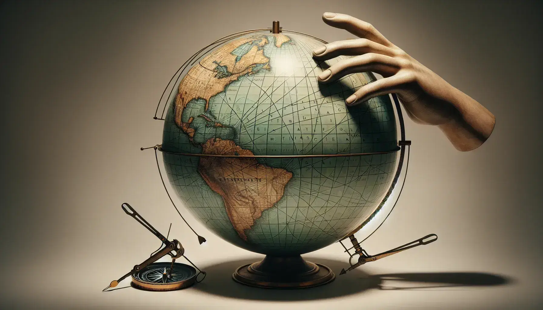 Globo terrestre con linee di longitudine e latitudine, mano caucasica che lo sfiora e compasso posizionato a destra.