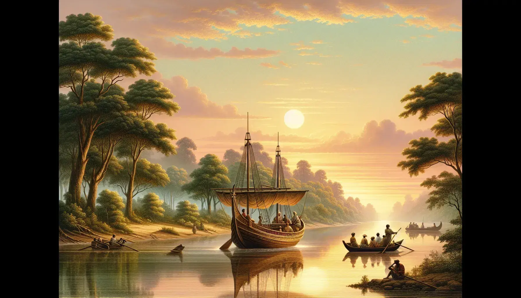 Sunrise over a serene river with a 19th-century keelboat and diverse explorers, reflecting the pastel sky and lush greenery on the water's surface.