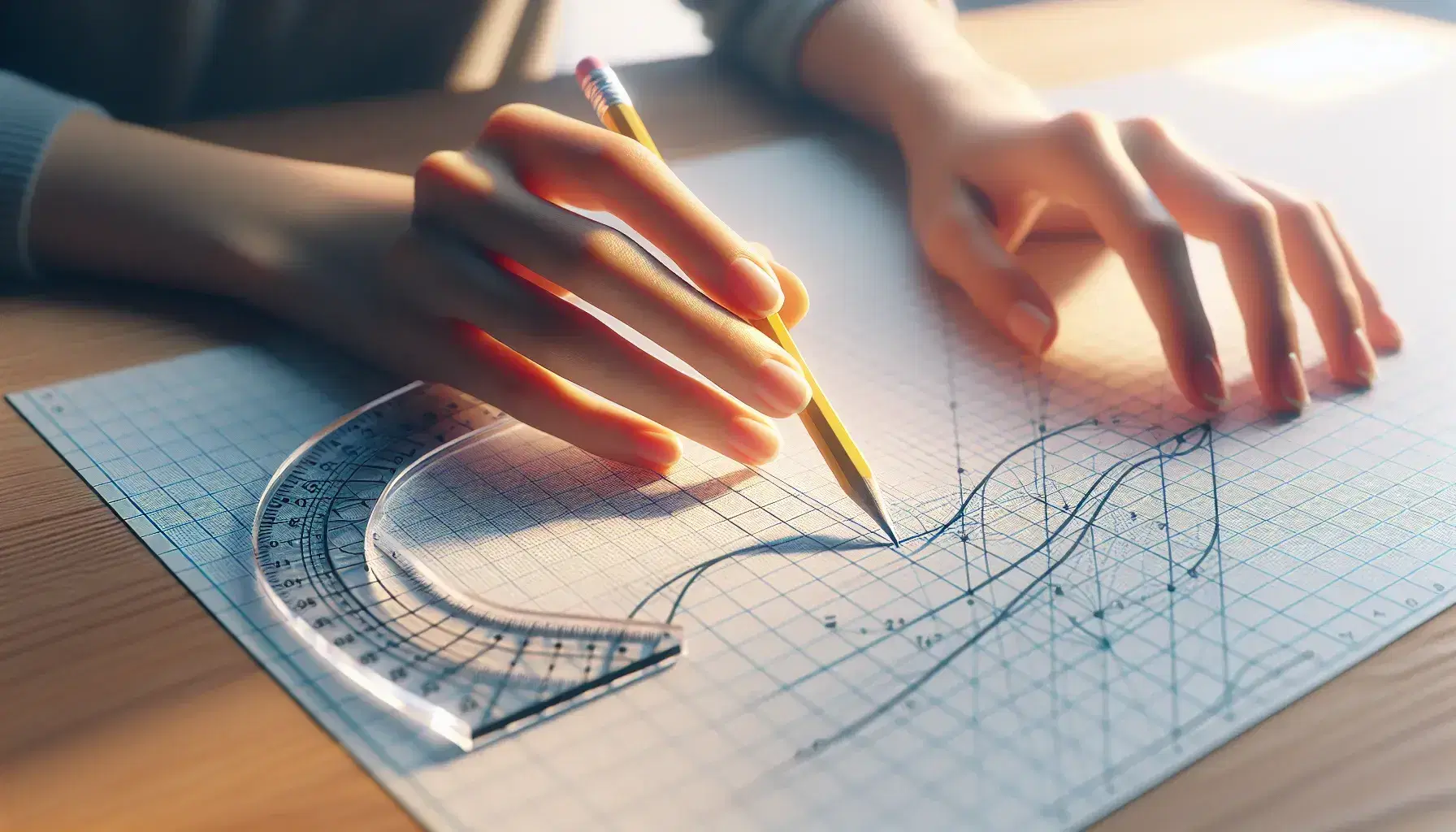 Close-up view of hands analyzing a curve on graph paper with a pencil and ruler, amidst blurred mathematical tools on a wooden desk.