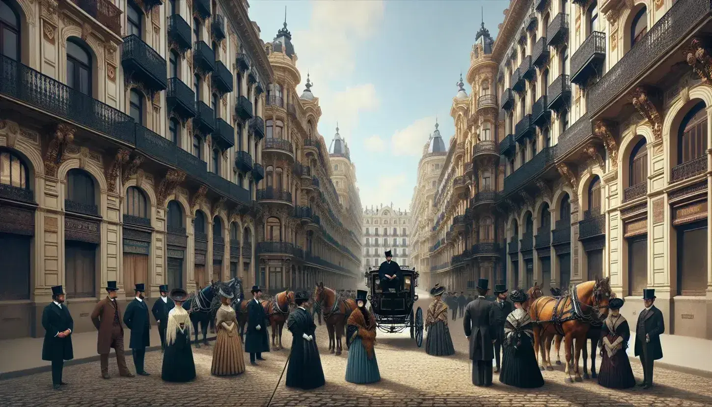 Escena urbana del siglo XIX en ciudad española con personas en vestimenta de época, carruaje tirado por caballos y edificios clásicos.