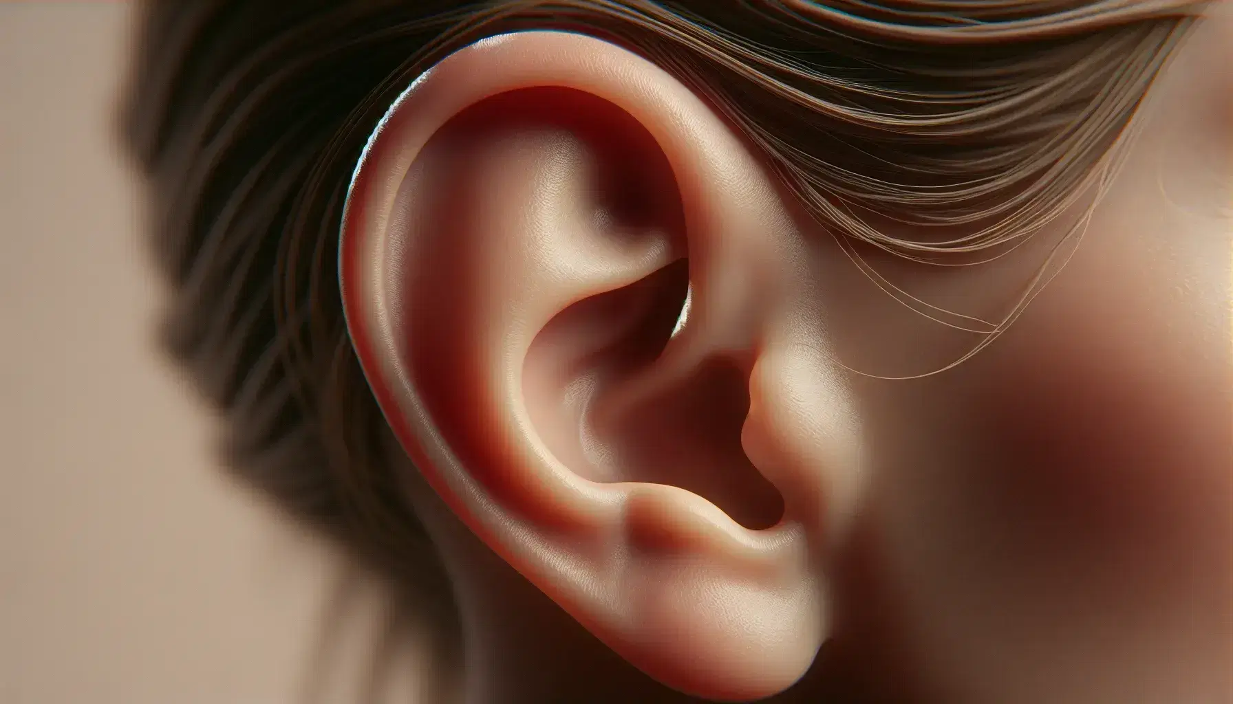Close-up view of a human ear showcasing the pinna with its intricate folds, lobule, helix, concha, antihelix, and tragus against a blurred background.