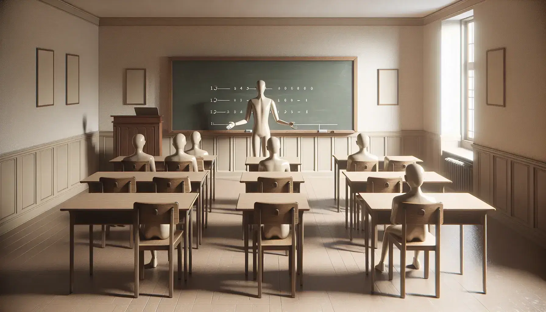 Teacher with outstretched arms stands before a blank chalkboard in an empty classroom with rows of wooden desks and chairs, under fluorescent lighting.