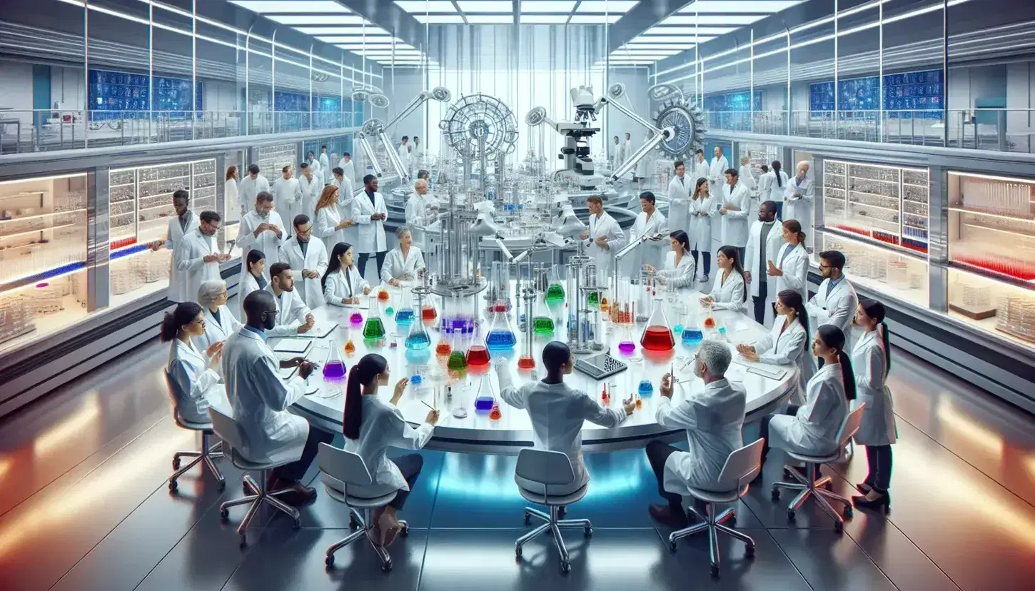 Multi-ethnic group of scientists in white coats discuss around a table with microscopes and test tubes in a modern, bright laboratory.