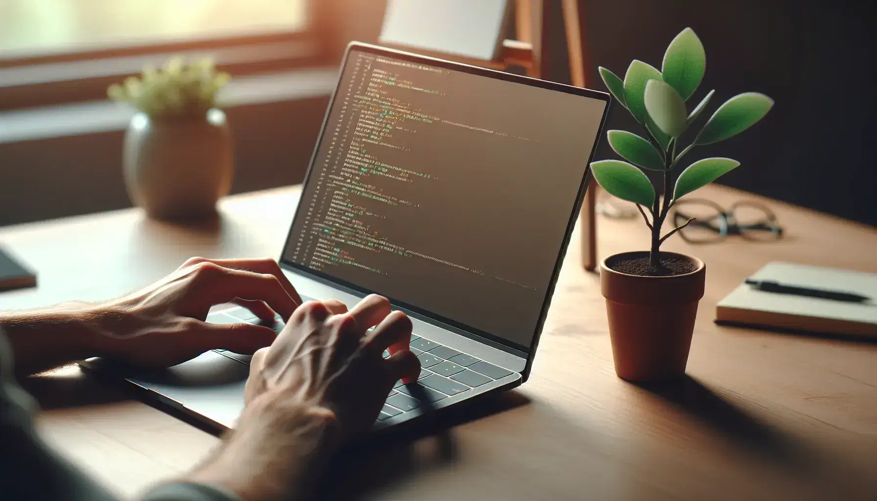 Hands resting on open laptop keyboard on wooden desk with green plant, blurred background with white board, peaceful working environment.