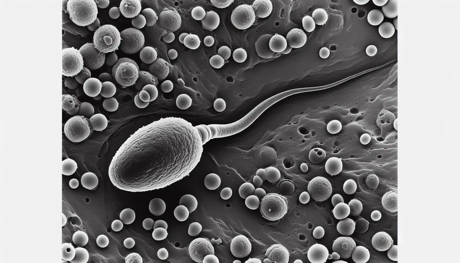Micrografía electrónica de alta resolución mostrando células esféricas y alargadas con un espermatozoide central en movimiento aparente.