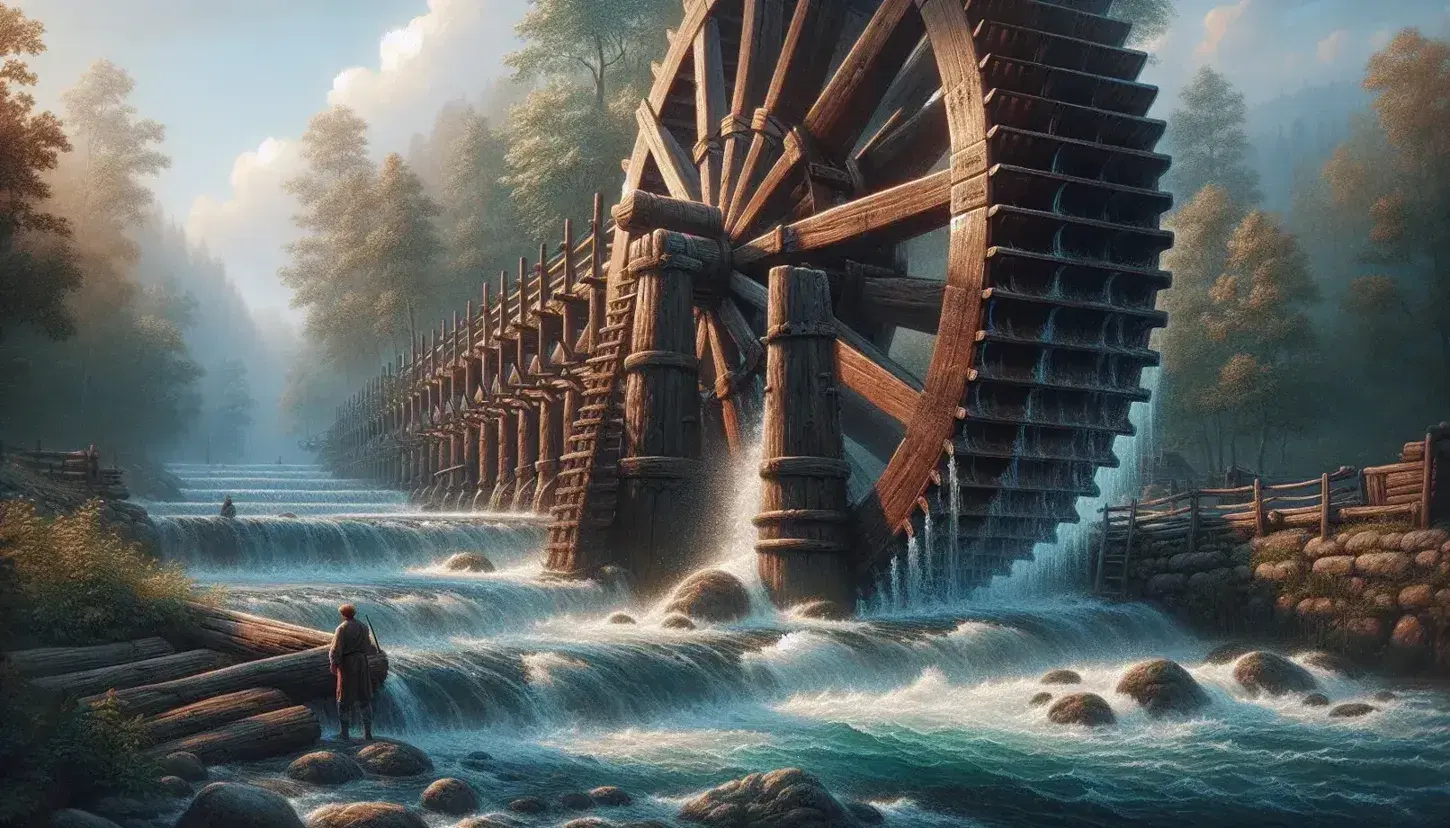 Ruota idraulica in legno in azione in un ruscello, con pale bagnate e schiuma d'acqua, circondata da alberi verdi e cielo azzurro.