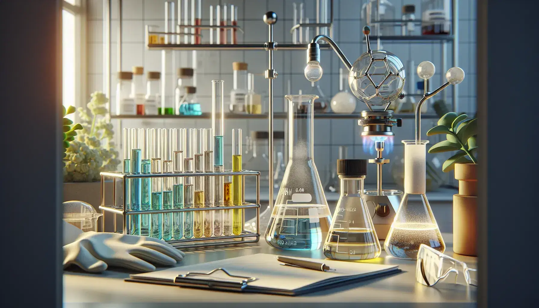 Laboratorio de química con tubos de ensayo con líquidos de colores, mechero Bunsen encendido, guantes y gafas de seguridad, y estante con frascos de reactivos.