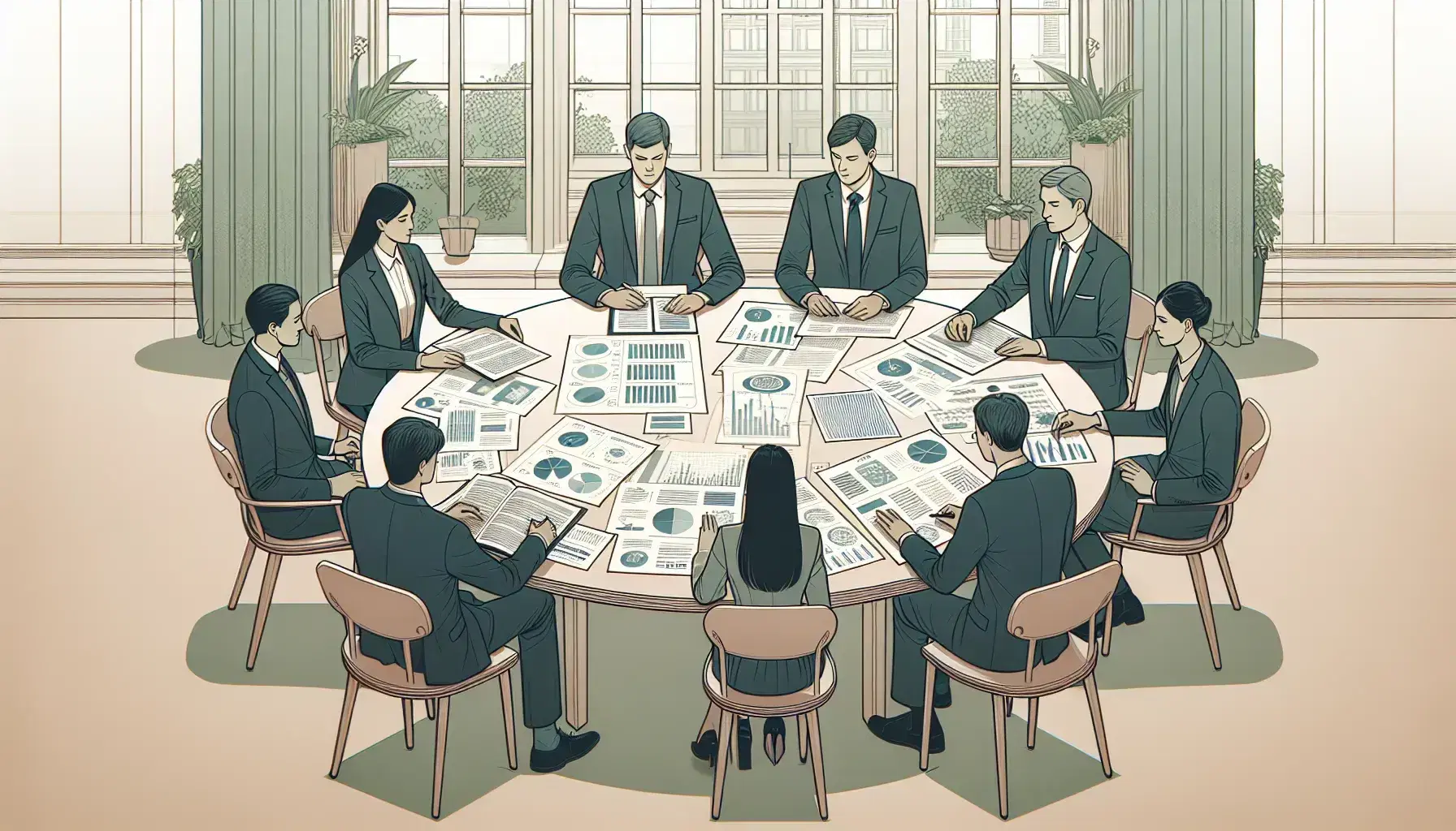 Grupo de cinco profesionales en reunión de trabajo alrededor de una mesa redonda con documentos y gráficos, en una sala iluminada naturalmente.