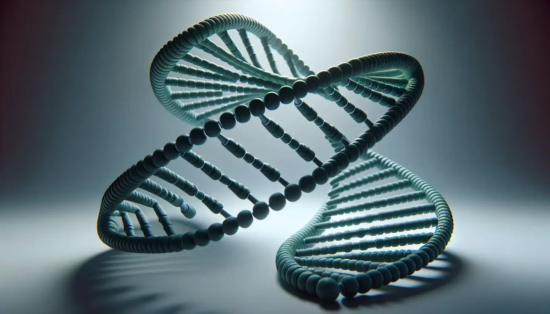 Three-dimensional model of double helix DNA with silver sugars and phosphates and nitrogenous bases dark green adenine, light green thymine, dark blue cytosine, light blue guanine on a white background.