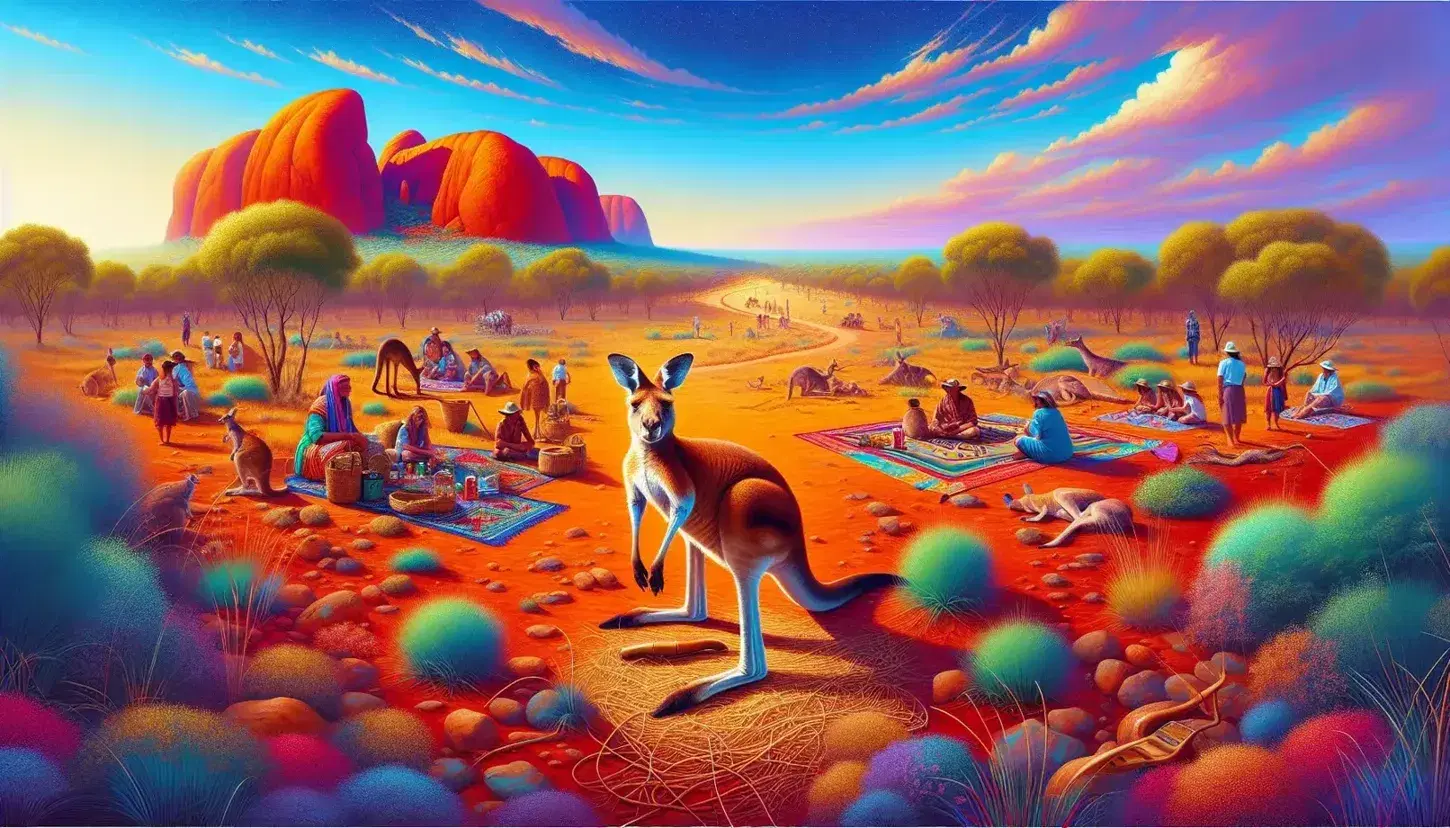 Paesaggio australiano con canguro, formazioni rocciose rosse, cielo azzurro e gruppo di persone con strumenti musicali tradizionali.