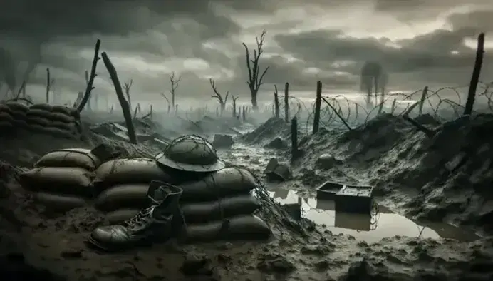 Campo di battaglia della Prima Guerra Mondiale con cielo grigio, trincea danneggiata, elmetto militare e stivale nel fango, alberi spogli sullo sfondo.