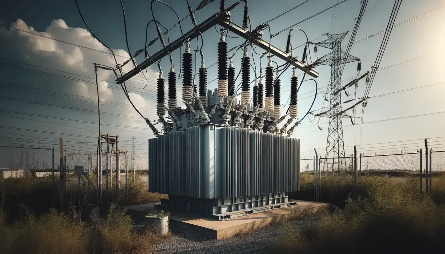 Transformador de energía al aire libre con aletas de enfriamiento y aisladores cerámicos blancos, rodeado por una valla de seguridad y conectado a un poste eléctrico bajo un cielo azul con nubes.