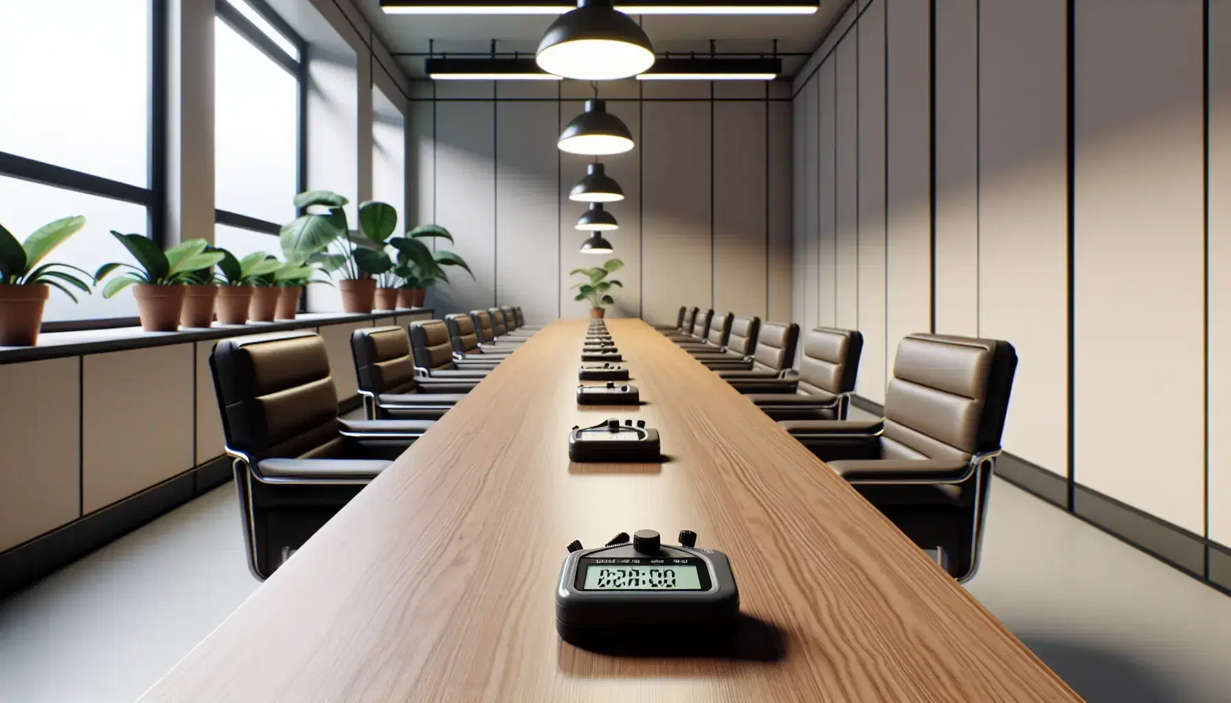 Laboratory setup with a wooden table holding digital stopwatches, black swivel chairs aligned for participants, and a potted plant in a neutral-colored room.