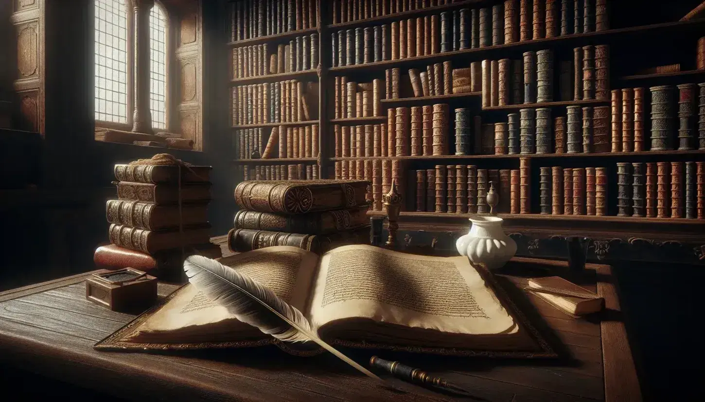 Escena en biblioteca antigua con mesa de madera, libro abierto sin texto, pluma de ave y tintero, estantería repleta de libros y figura humana leyendo.
