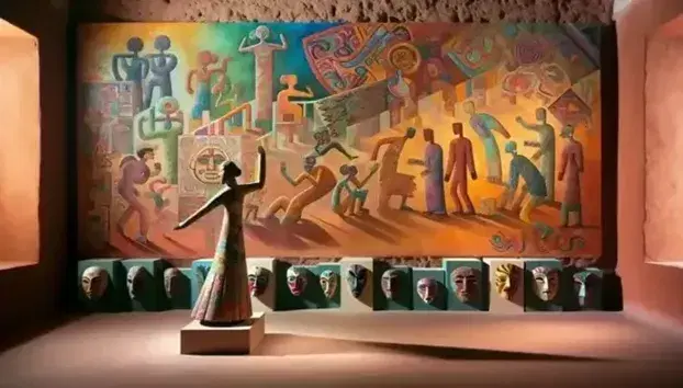 Escultura cerámica de mujer en colores vivos y máscaras tradicionales mexicanas en pared terracota con mural geométrico abstracto.