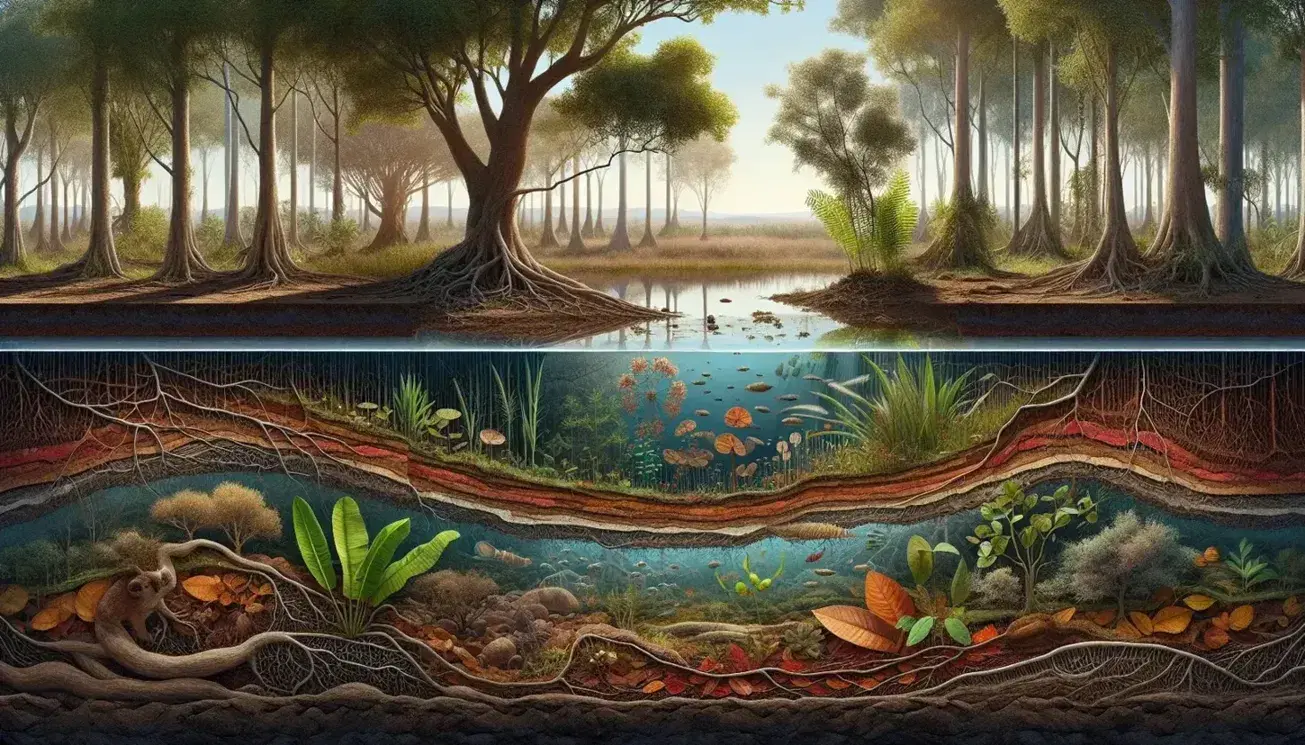 Paisaje natural con suelo marrón, hojas en descomposición, raíces de plantas, un cuerpo de agua claro con plantas acuáticas y árboles frondosos bajo un cielo azul despejado.