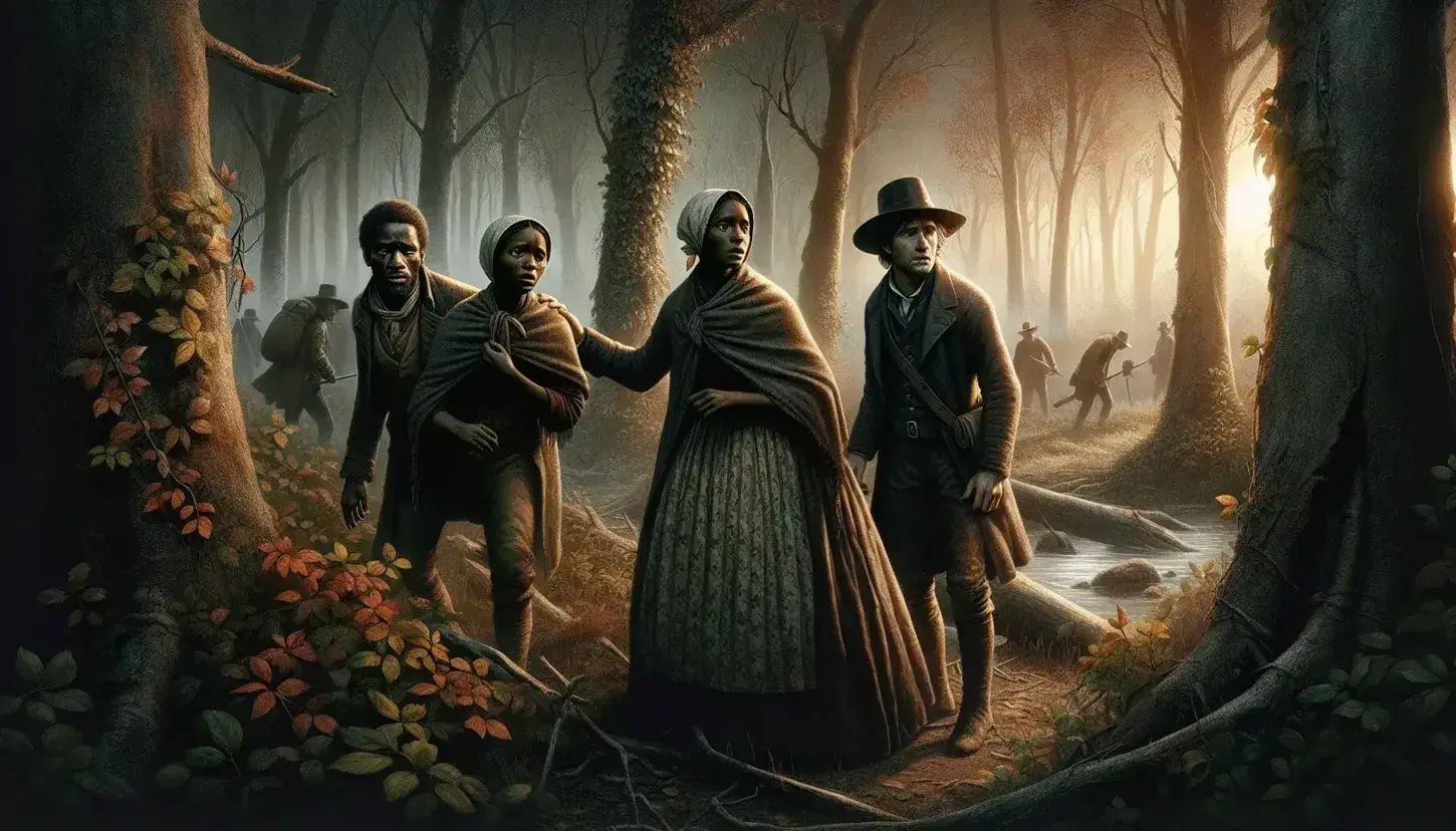 19th-century scene with two anxious African Americans and a Caucasian man pointing towards dawn breaking over a dense, autumnal woodland.