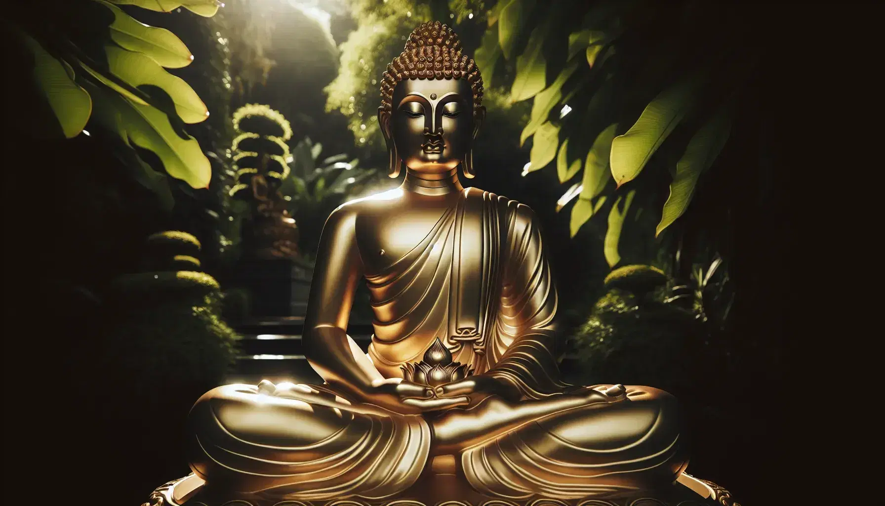 Statua dorata del Buddha in meditazione, con vesti drappeggiate e sfondo di foglie verdi, riflessi solari e petali di loto rosa sfocati.