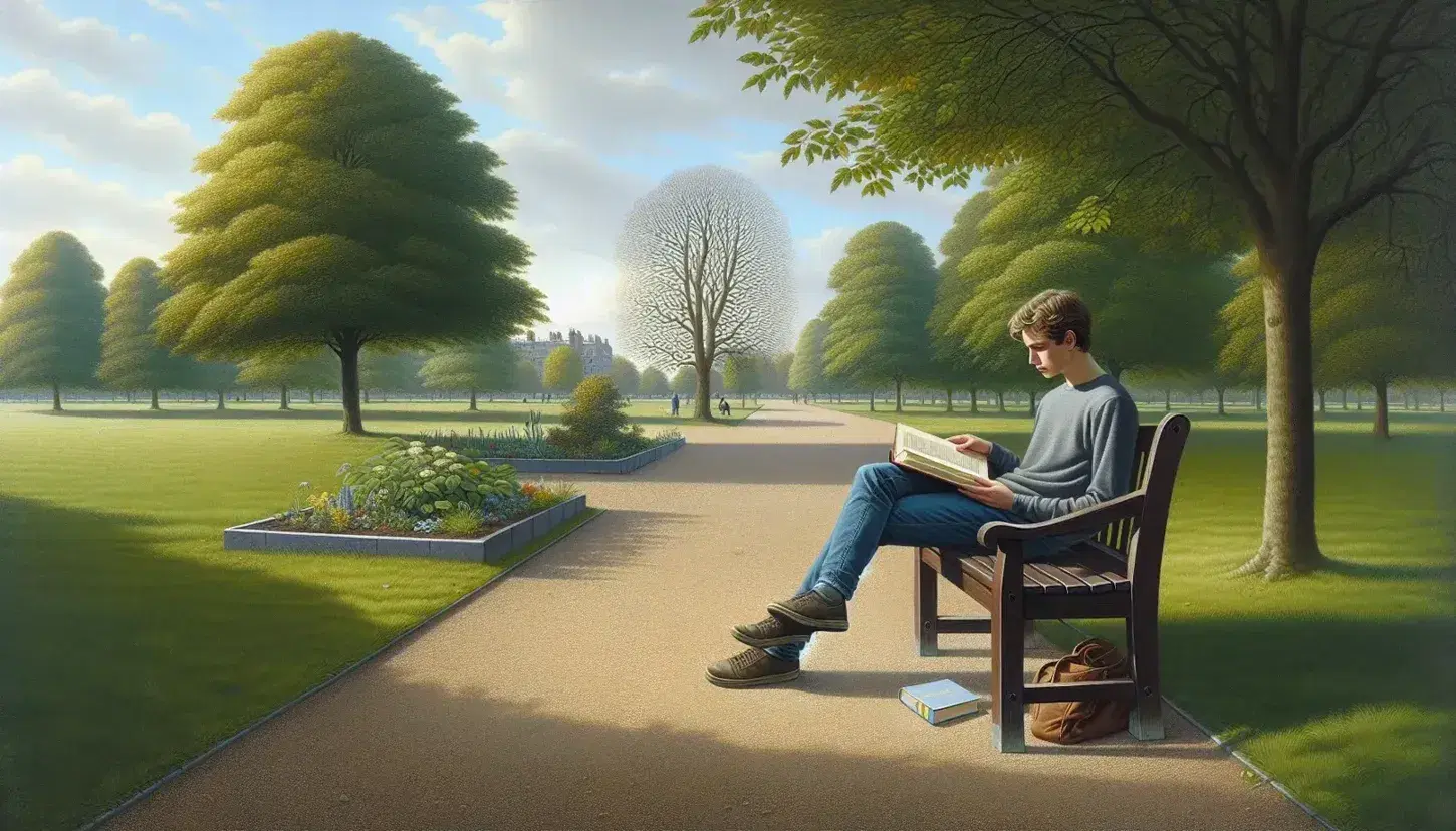 Giovane seduto su panchina in legno con libro aperto in parco tranquillo, sentiero di ghiaia e alberi verdi sotto cielo azzurro.