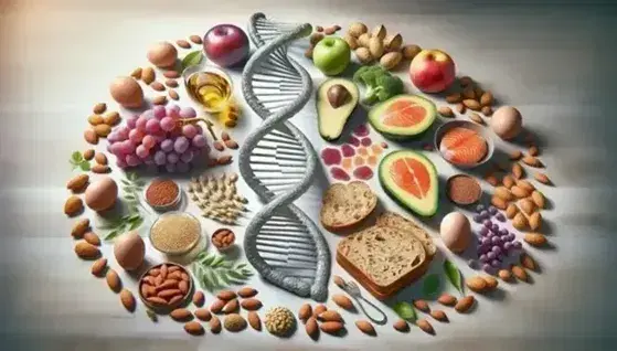 Variedad de alimentos naturales con espiral de ADN en 3D, incluyendo uvas, pan integral, aguacate, almendras, salmón, huevos y legumbres en una superficie de madera iluminada naturalmente.
