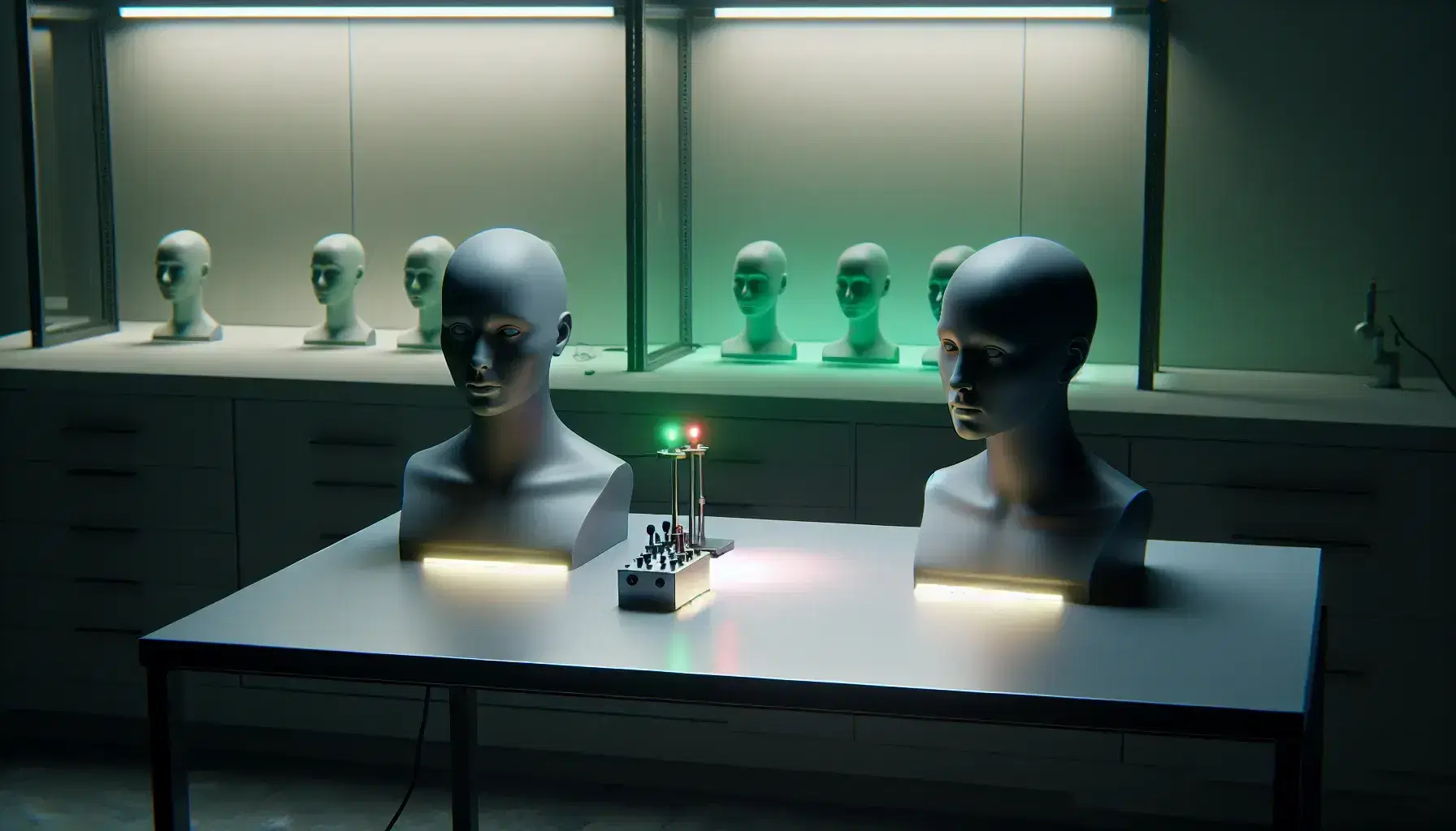 Laboratory with two gray mannequin heads in front of an off-red and on-green LED, a figure in a lab coat observes, beakers and boxes in the background.