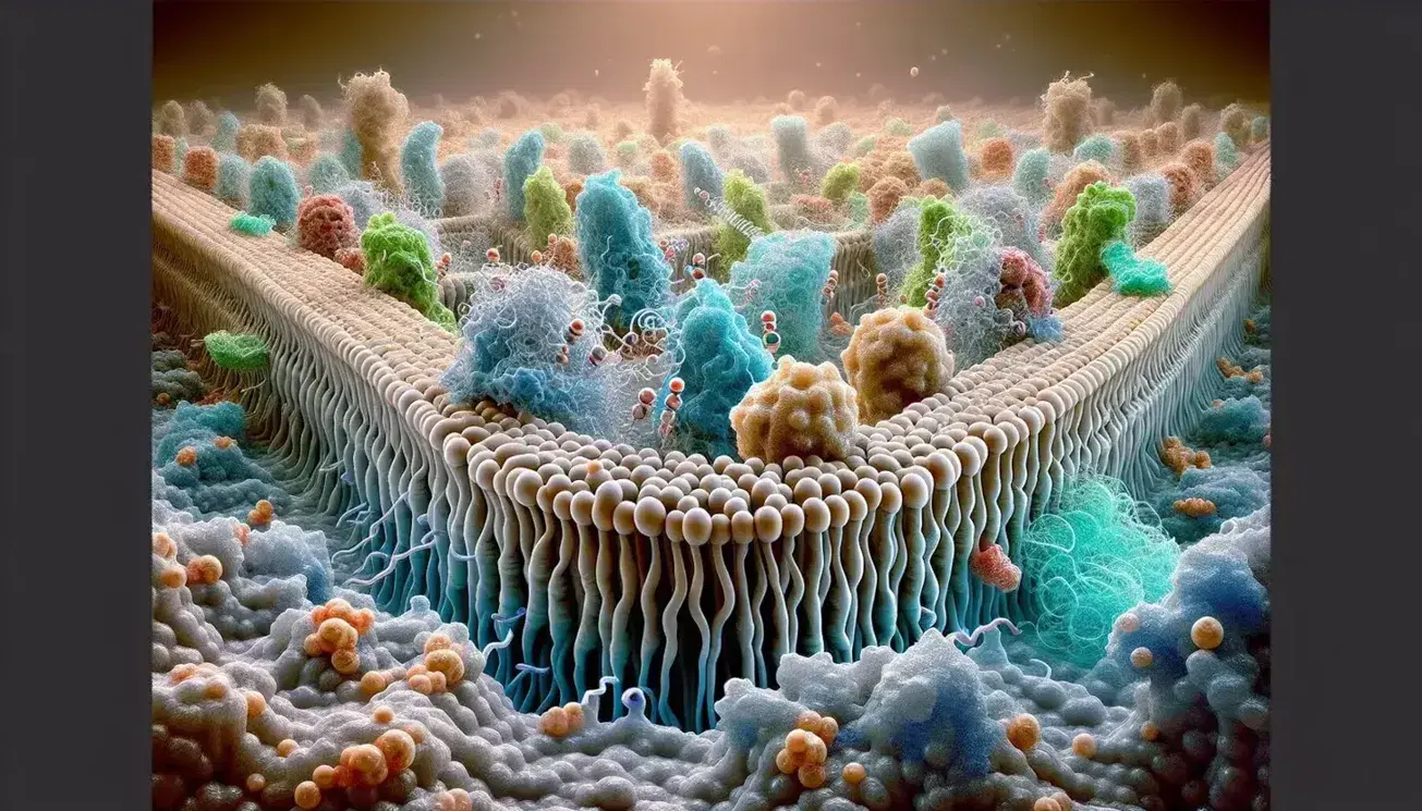 Vista microscópica detallada de la membrana plasmática celular con bicapas lipídicas, proteínas incrustadas y moléculas pequeñas en tránsito.