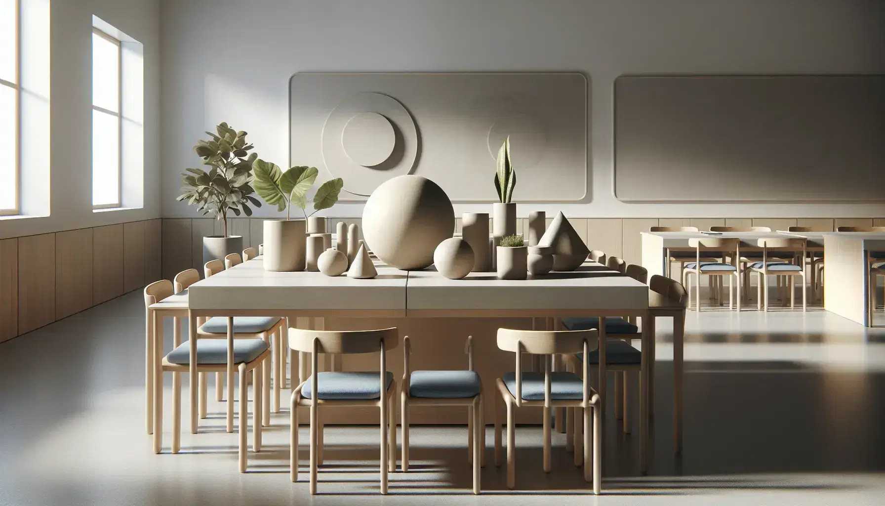 Quiet classroom with central table displaying clay sculptures in sphere, cube, pyramid and cylinder shapes, empty chairs in background and green plant.