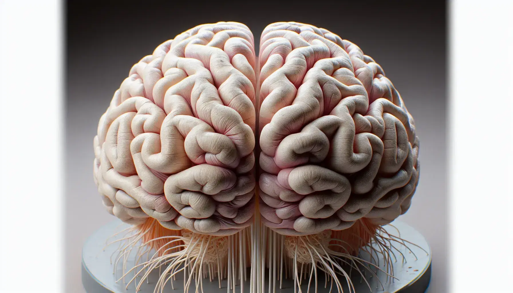 Modelo anatómico tridimensional del cerebro humano con hemisferios diferenciados, textura realista de surcos y fibras nerviosas extendidas conectando con la médula espinal.