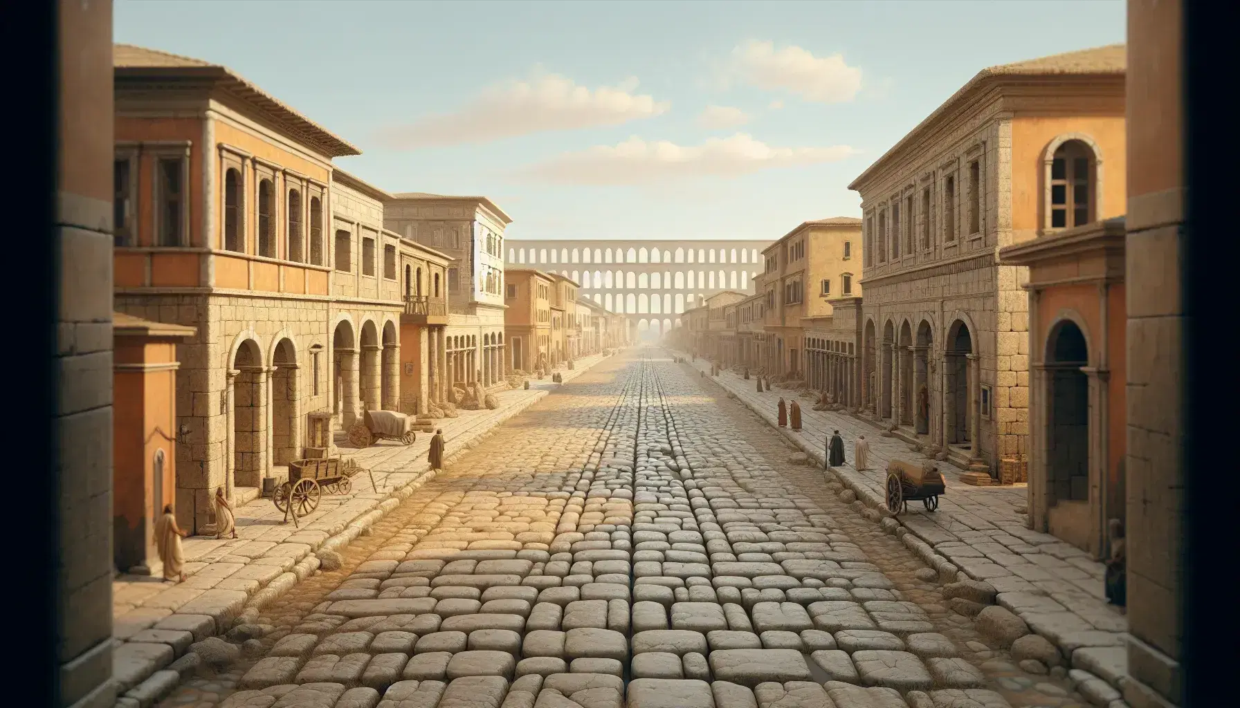 Strada lastricata romana con edifici in mattoni e colonne, persone in abiti d'epoca e acquedotto in lontananza sotto cielo azzurro.