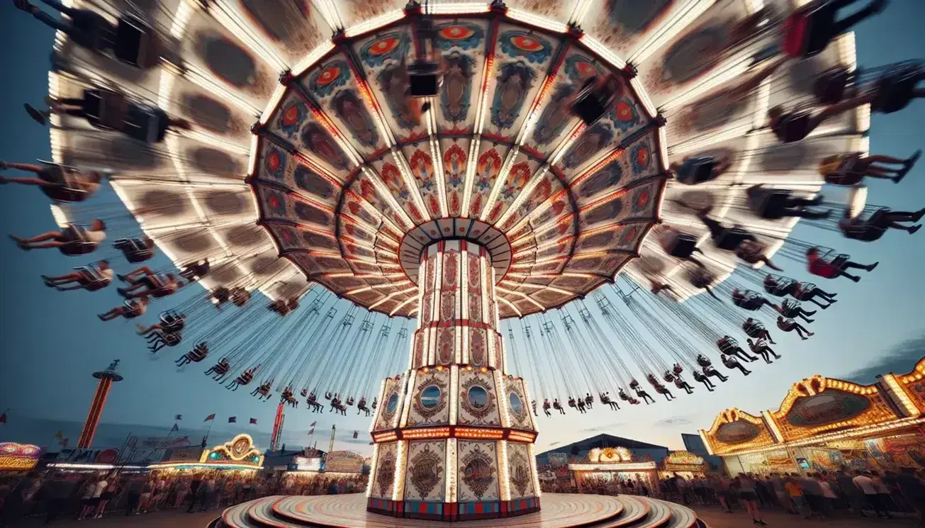 Carrusel de feria en funcionamiento con sillas voladoras colgantes ocupadas por personas emocionadas, iluminado por luces coloridas al atardecer.