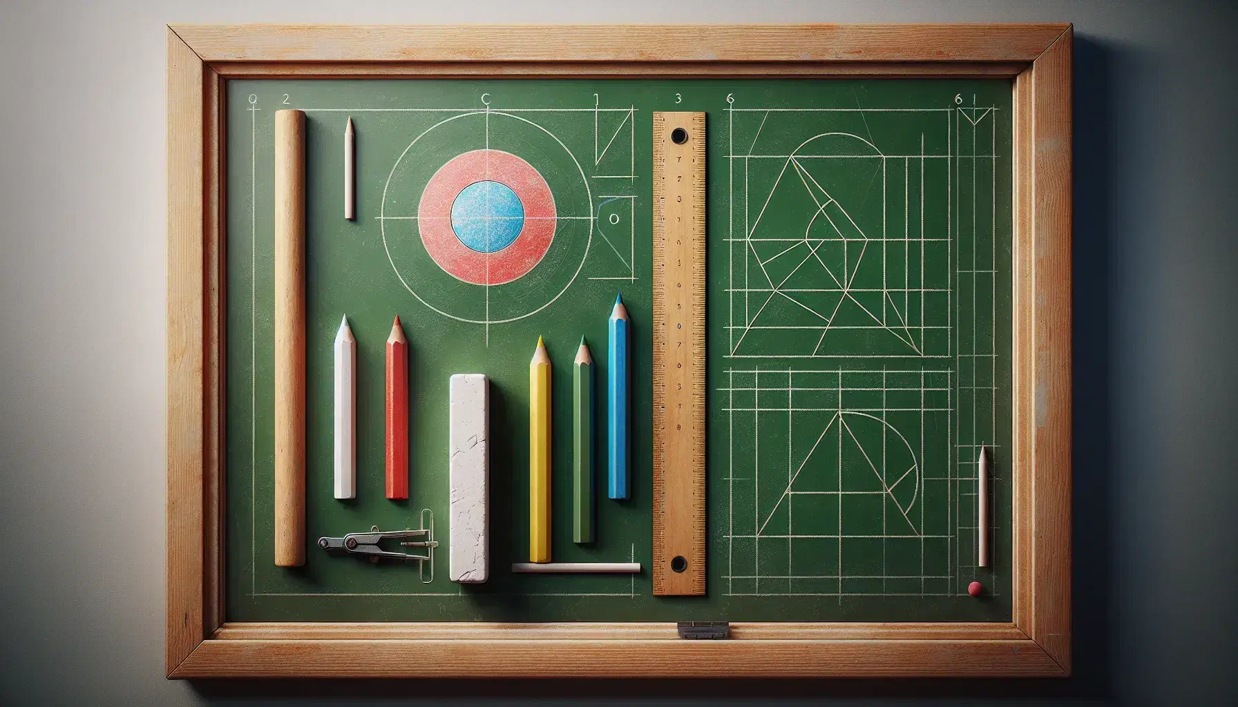 Pizarra verde de aula con borrador blanco, tizas de colores, figuras geométricas dibujadas, regla de madera y compás metálico, listos para clase de geometría.