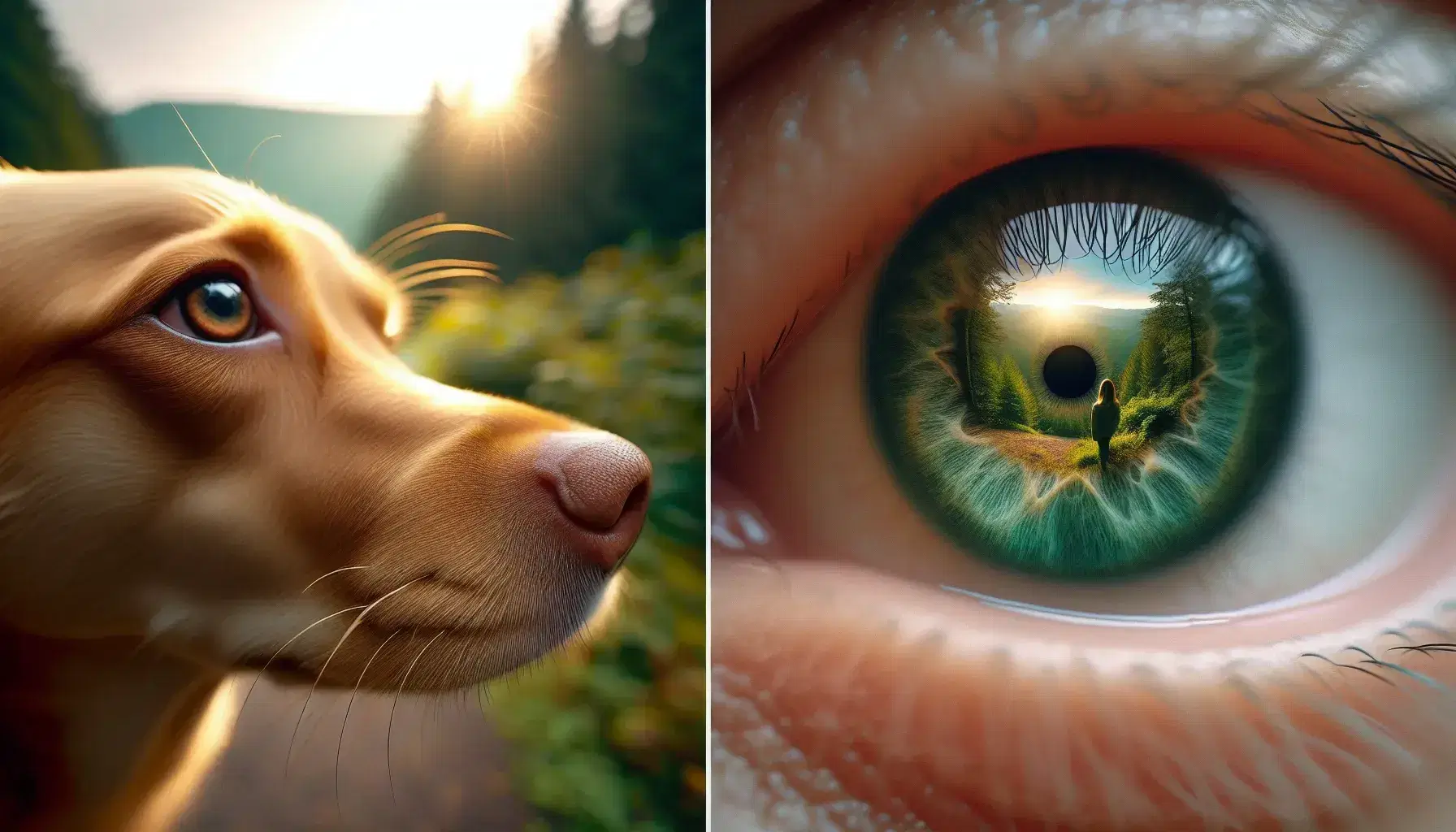 Cane marrone chiaro con il muso alzato annusa l'aria, occhi concentrati, sfondo naturale sfocato e dettaglio occhio umano verde-acqua.