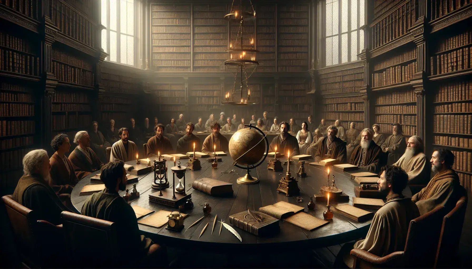Grupo diverso de personas en biblioteca antigua discutiendo alrededor de una mesa con brújula, globo sin marcas, pluma y reloj de arena, bajo luz cálida de lámparas de aceite.