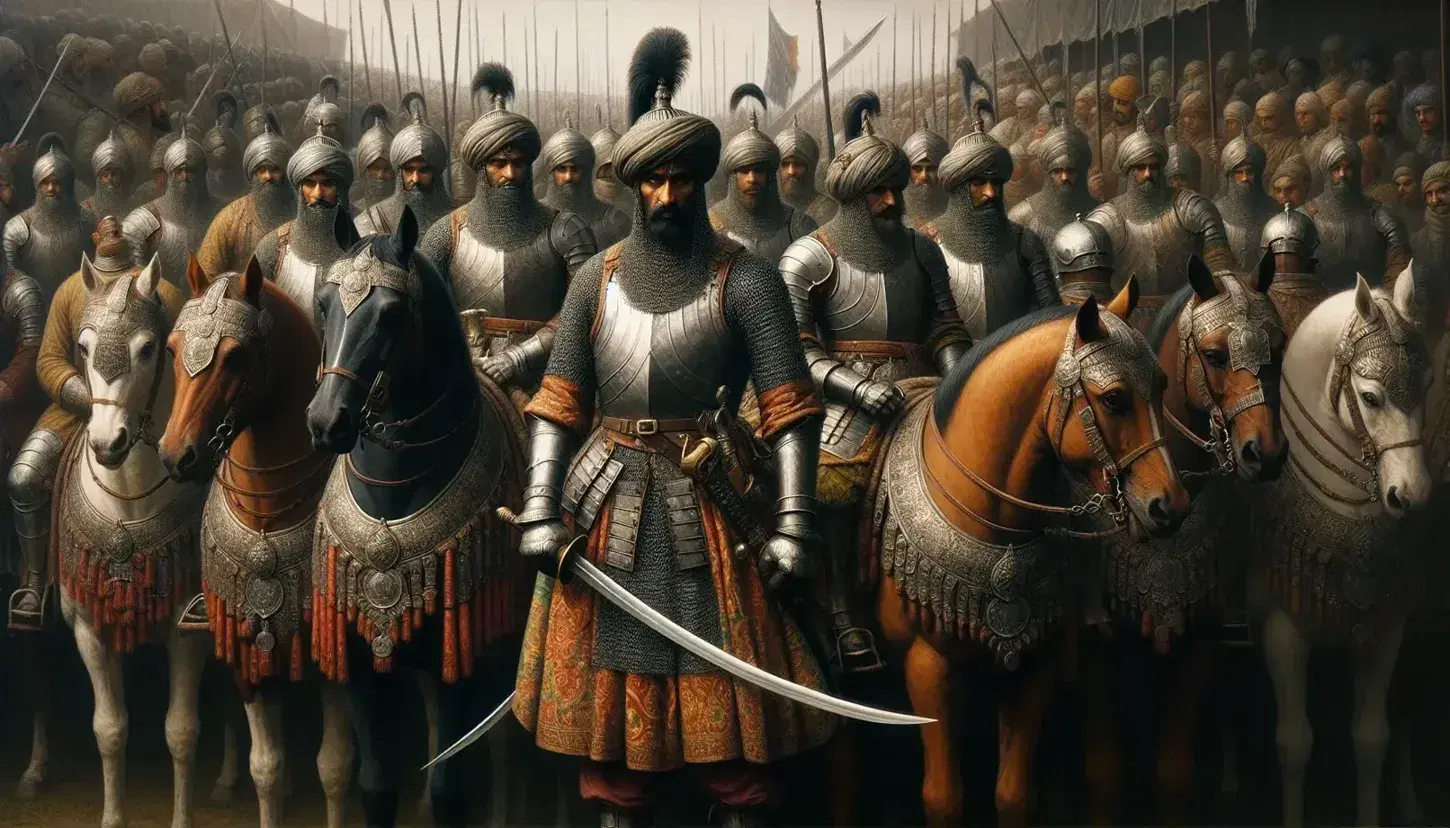 Mughal soldiers in traditional armor with talwars, ornate horses, bronze cannons on carriages, and royal blue tents in a disciplined military encampment.
