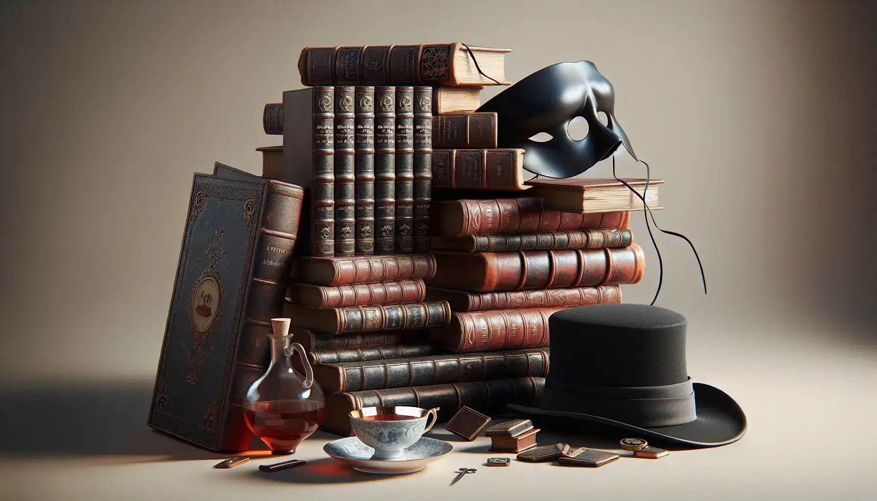 Composizione vintage con libri antichi, maschera di Zorro, cappello nero, tazza capovolta e topo di peluche su sfondo neutro.