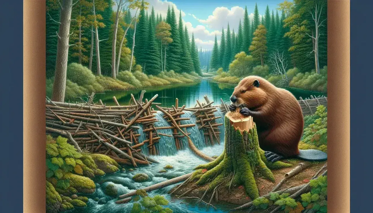Beaver gnawing on a tree by a stream with a handmade dam in the background, surrounded by a dense, colorful early-autumn forest.