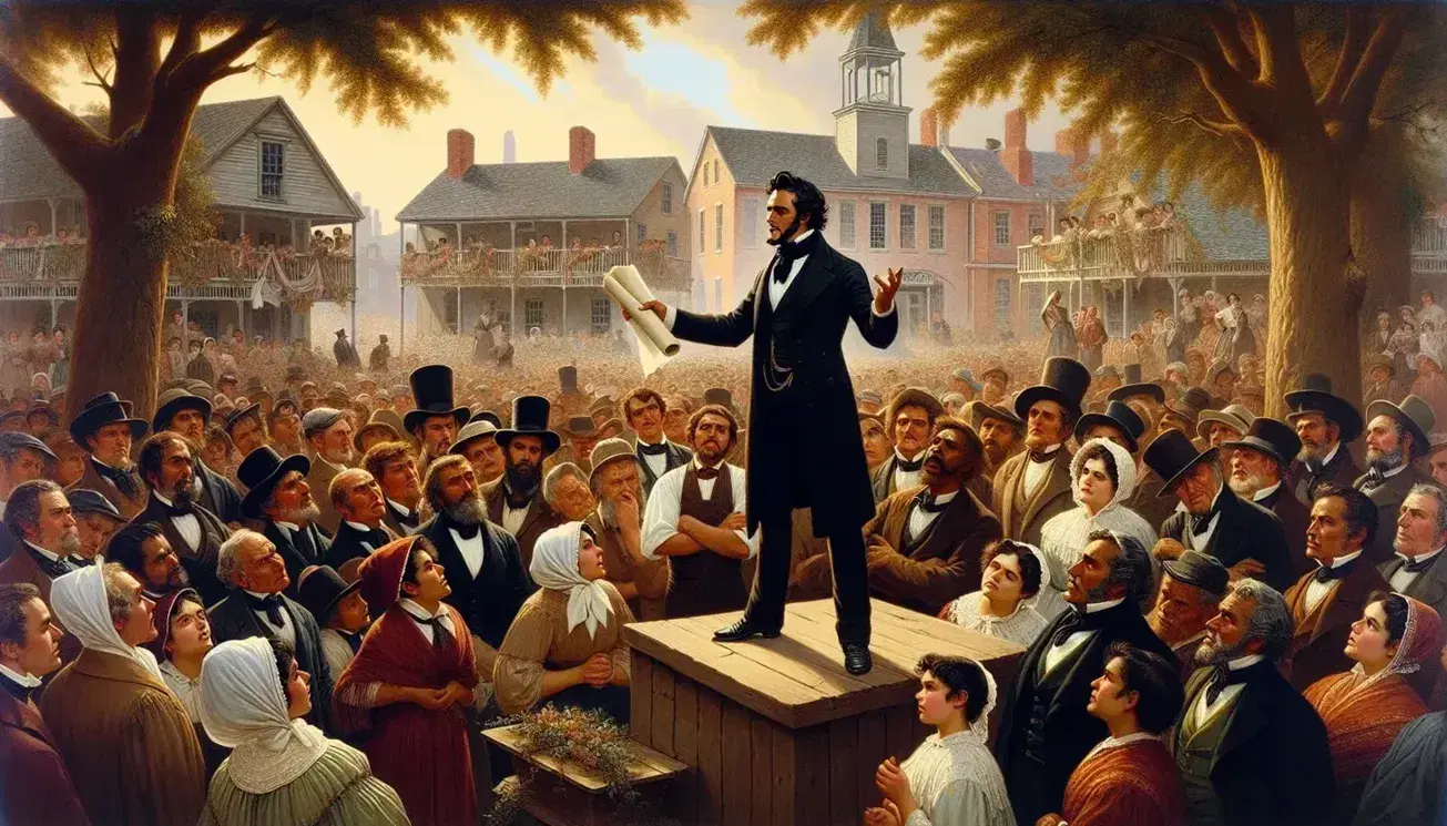 19th-century public square scene with a Hispanic man giving a speech to a diverse audience in period attire, against a backdrop of quaint town buildings.