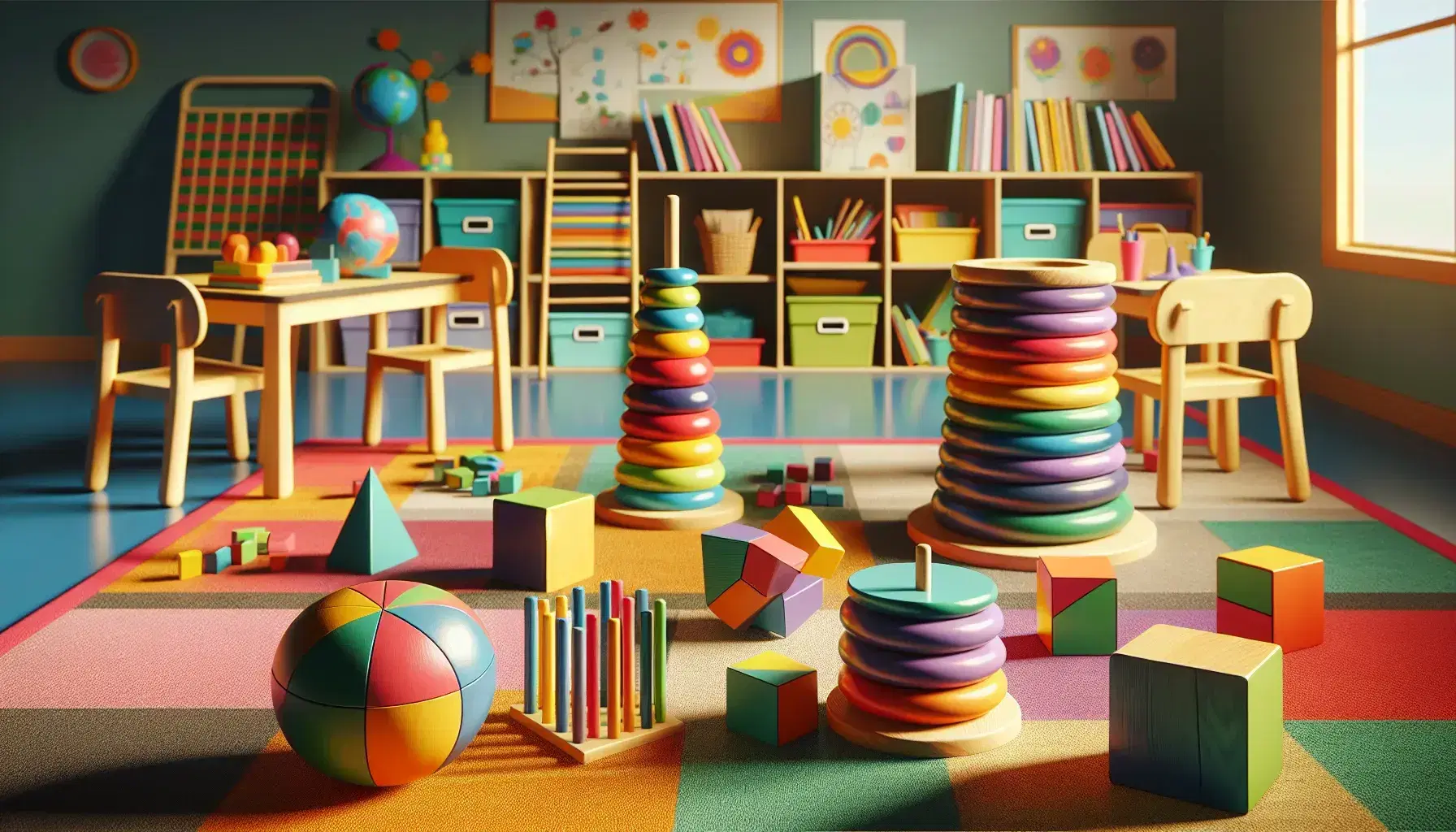 Classroom with colorful carpet, wooden puzzles, stackable rings, table with geometric shapes and bookcase with illustrated books, blue wall.