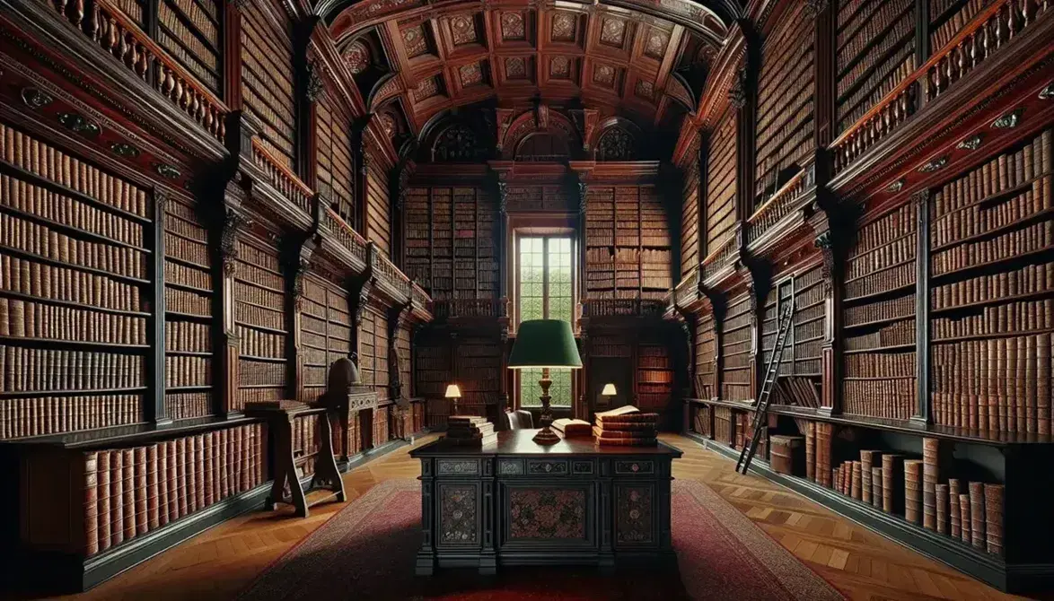 Biblioteca storica con scaffali in legno intarsiato pieni di libri rilegati, scrivania centrale con volumi e lampada, scala e parquet lucido.