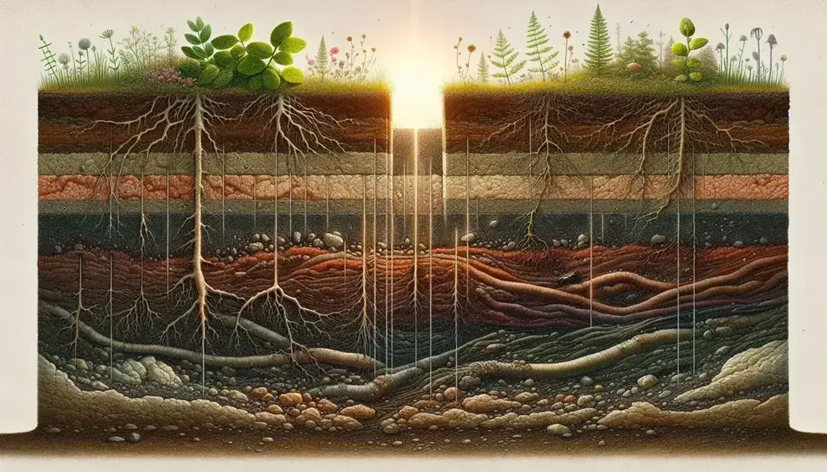 Sección transversal del suelo mostrando vegetación, capa de materia orgánica, suelo con raíces, subsuelo rojizo y roca madre gris con fisuras.