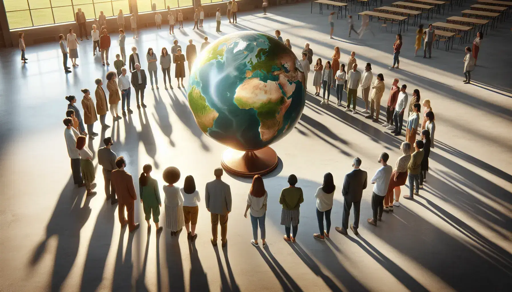 Grupo diverso de personas uniendo sus manos sobre un globo terráqueo en un espacio iluminado, simbolizando unidad y cuidado por el planeta.