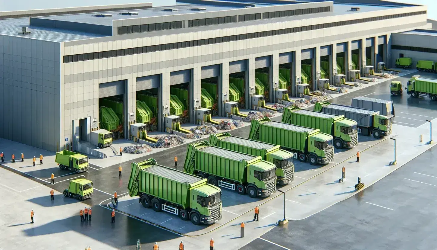 Modern waste management facility in Spain with a lineup of green waste collection trucks, workers in safety gear, and visible interior sorting machinery.