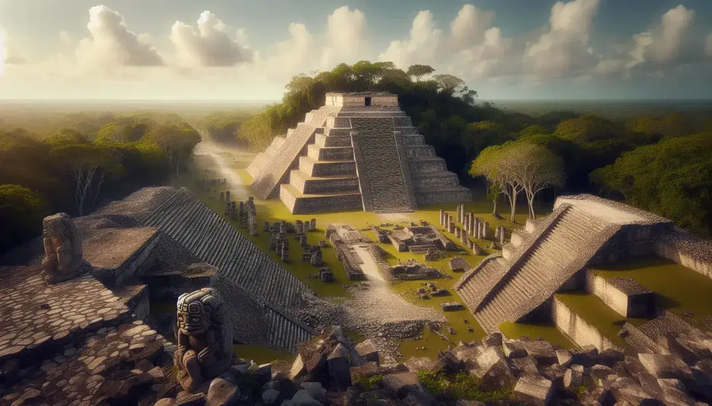 Vista panorámica de ruinas mesoamericanas con pirámide escalonada, columnas rotas y estatua de piedra en un entorno selvático.