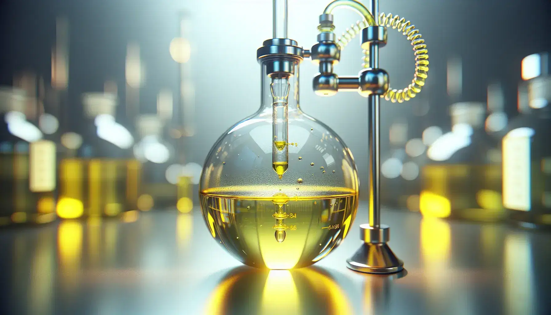 Glass flask with bright yellow liquid for distillation in chemical laboratory, reflections on shiny surface with blurred background of laboratory equipment.