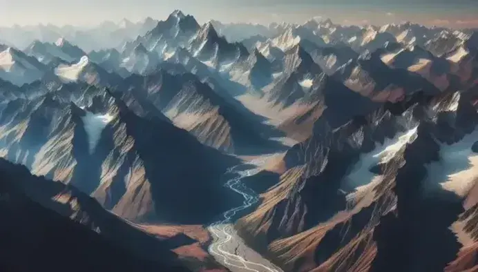 Vista aerea di una catena montuosa innevata con picchi imponenti, fiume serpeggiante in valle e cielo sereno.