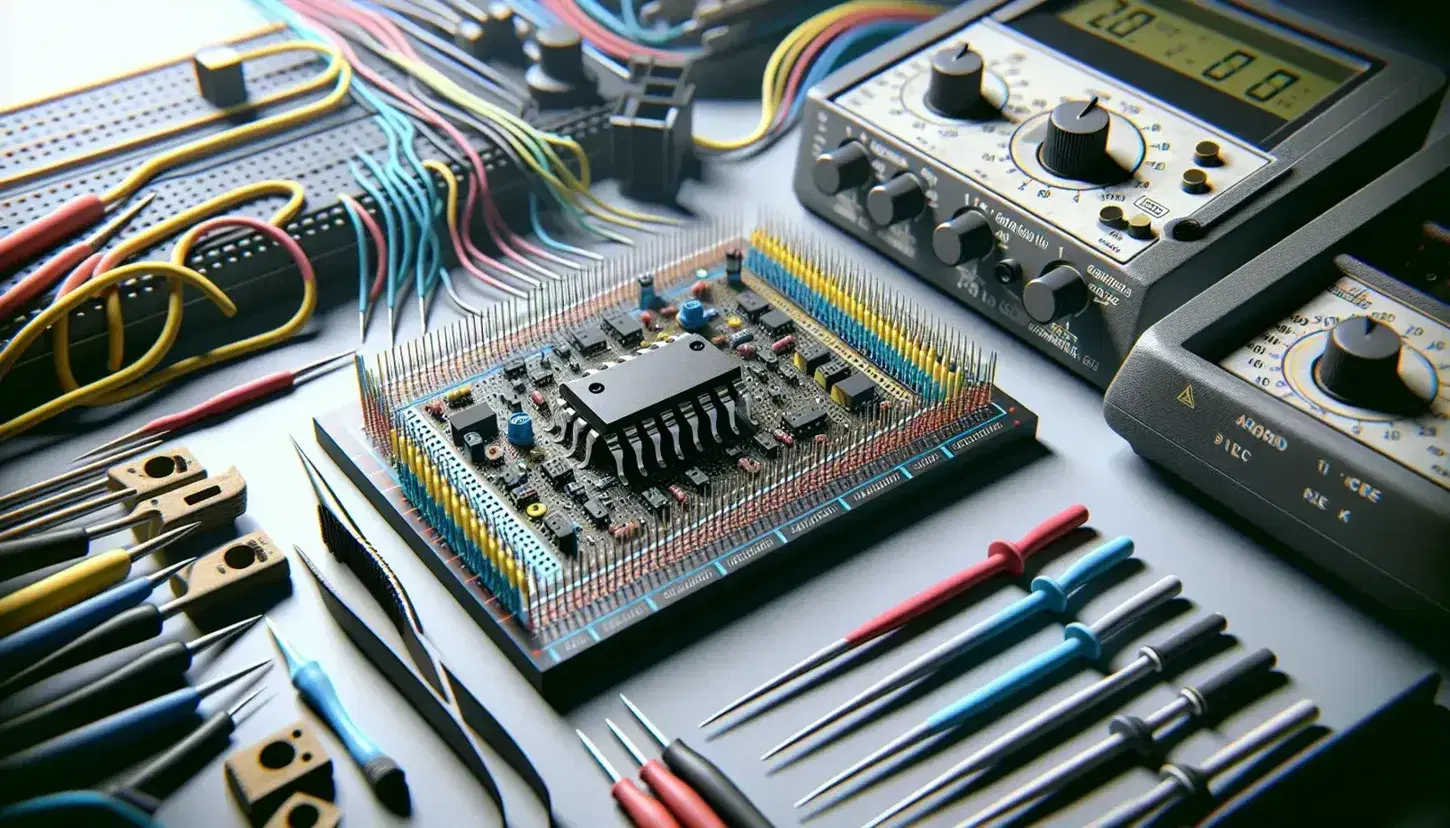 Electronics workbench with a solderless breadboard, operational amplifier, colorful jumper wires, digital multimeter, tweezers, and screwdriver.